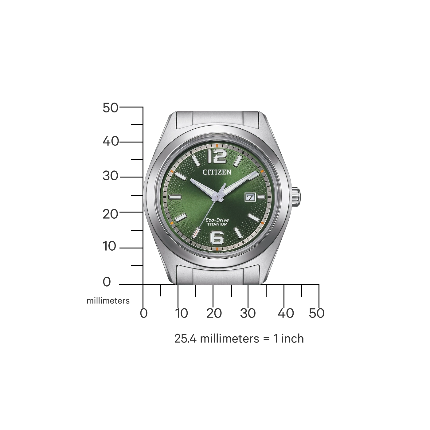Citizen horloge met groene wijzerplaat en titanium band, toont tijd en datum.