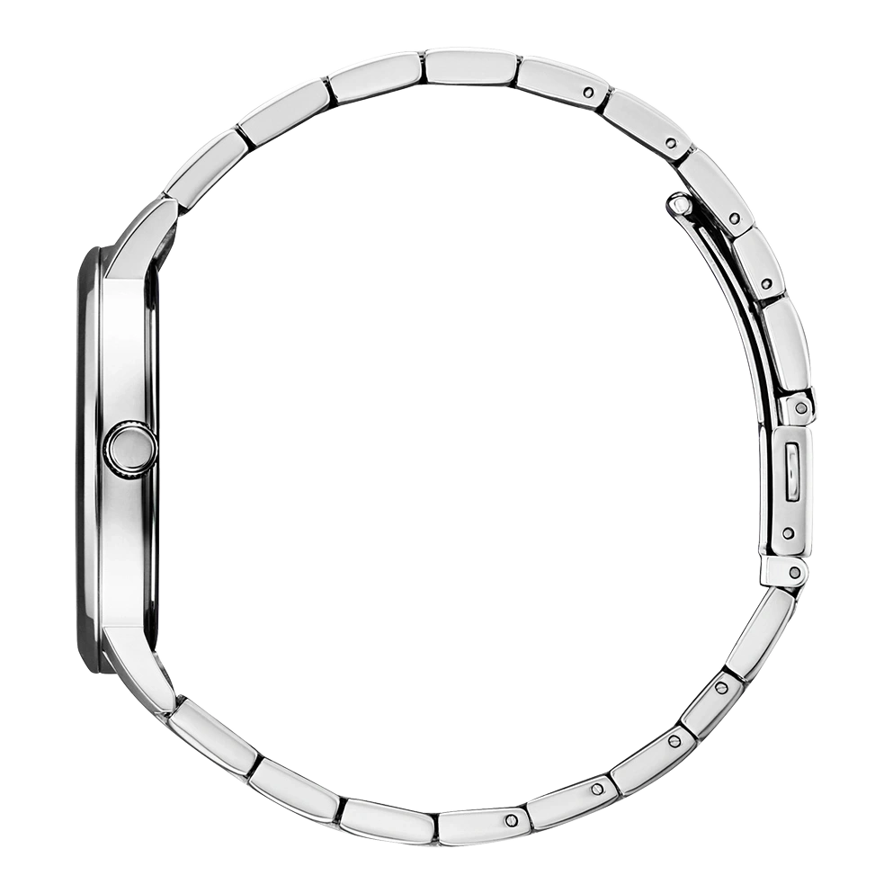 Zijaanzicht van een zilveren horloge met metalen band, elegant design.