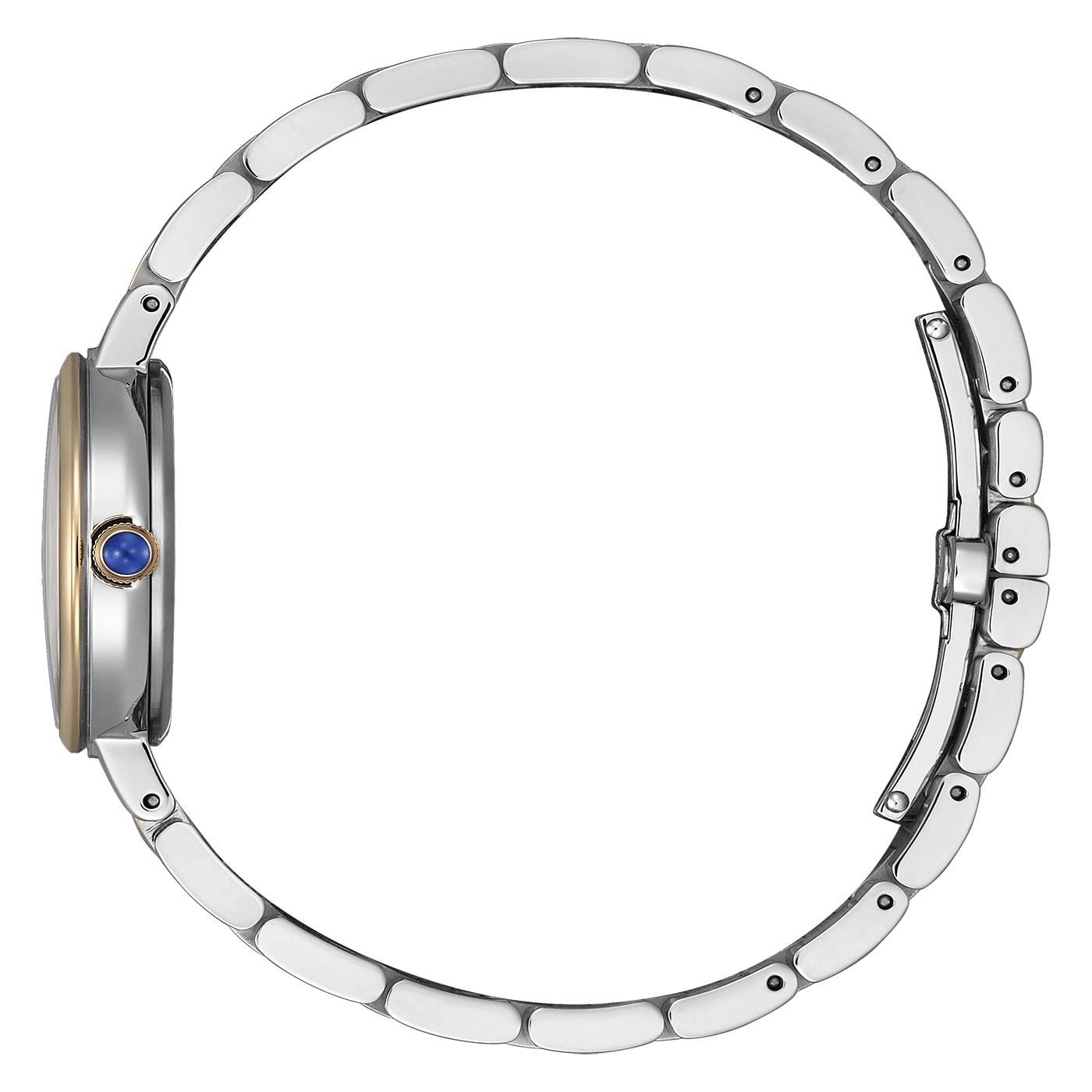 Zijaanzicht van een zilveren horloge met een blauwe edelsteen en een groene achtergrond.