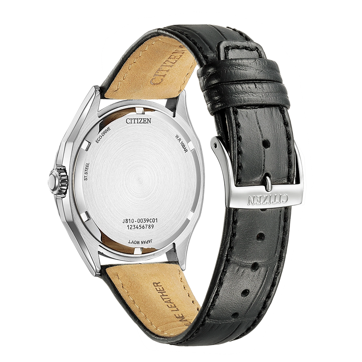 Citizen horlogerug, zwarte leren band, Eco-Drive, roestvrij staal, Japanse uurwerk