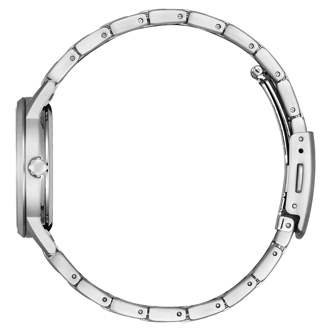 Zijaanzicht van een zilveren polshorloge met metalen band, elegant design.