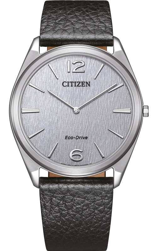 Citizen horloge met zilveren wijzerplaat en zwarte leren band, Eco-Drive.