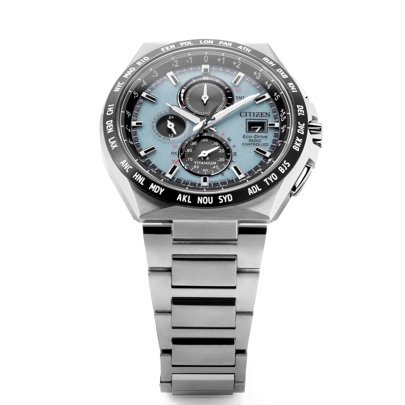 Citizen horloge met blauwe wijzerplaat, titanium, Eco-Drive, radiogestuurd, tijdzones