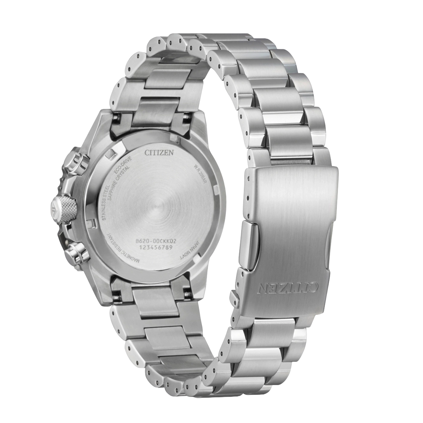 Achterkant van een zilveren Citizen Eco-Drive horloge met metalen band.