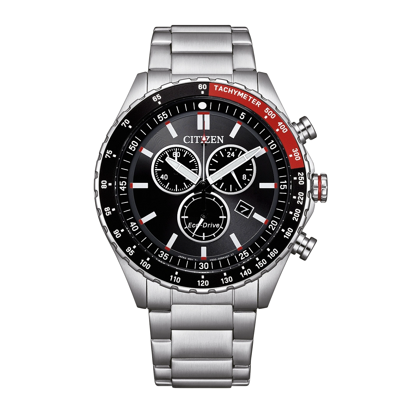 Een Citizen Eco-Drive chronograaf horloge met zwarte wijzerplaat en tachymeter bezel.