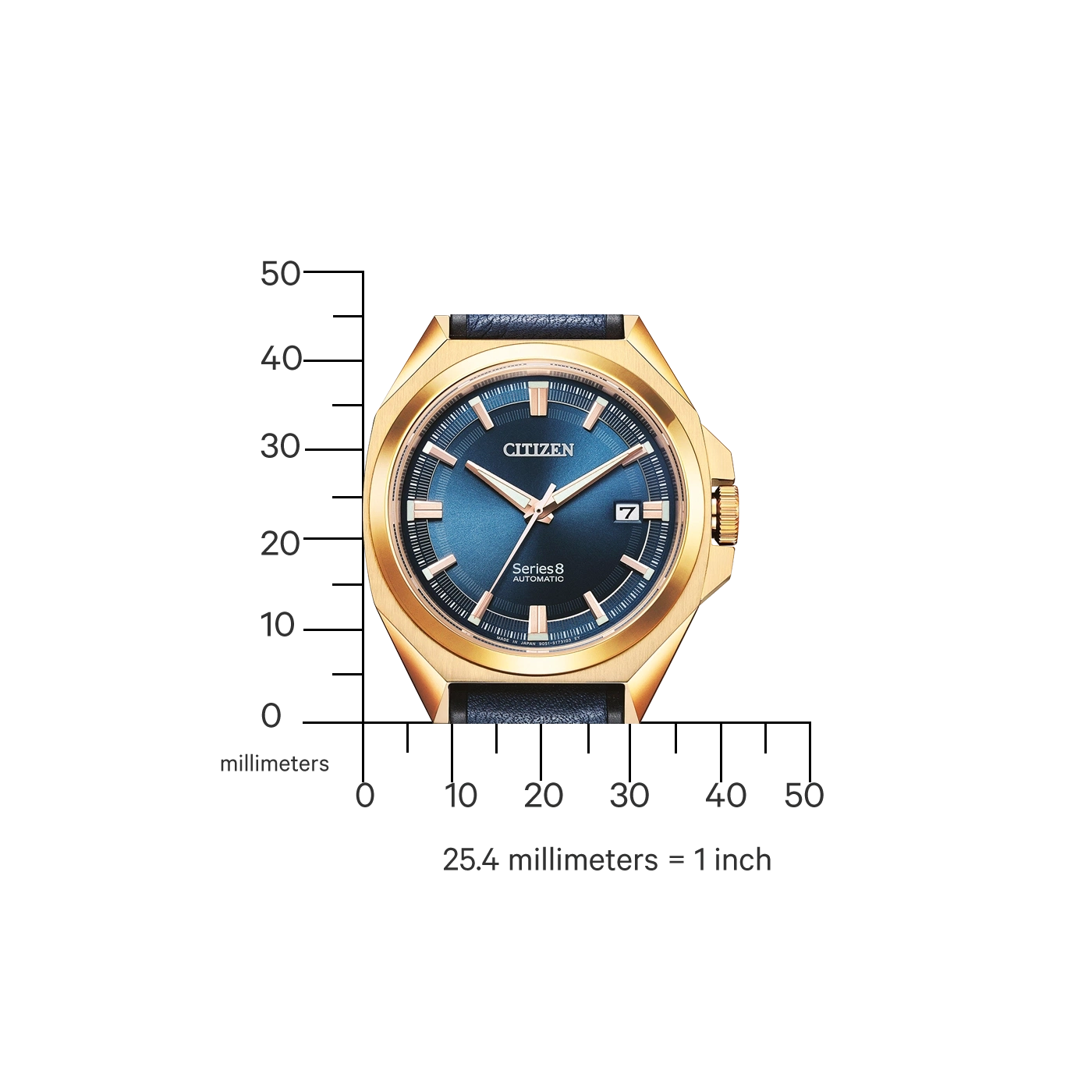 Citizen horloge met gouden kast en blauwe wijzerplaat, Series 8 Automatic, met schaal in millimeters.