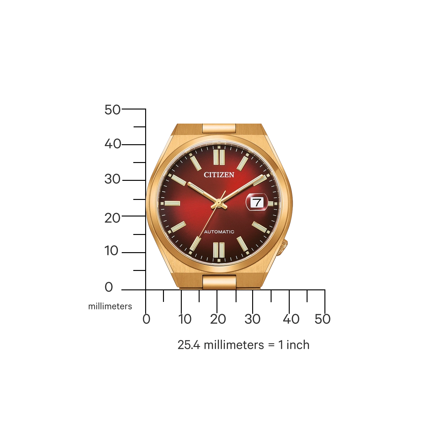 Gouden Citizen horloge met rode wijzerplaat, datumweergave en automatisch uurwerk.