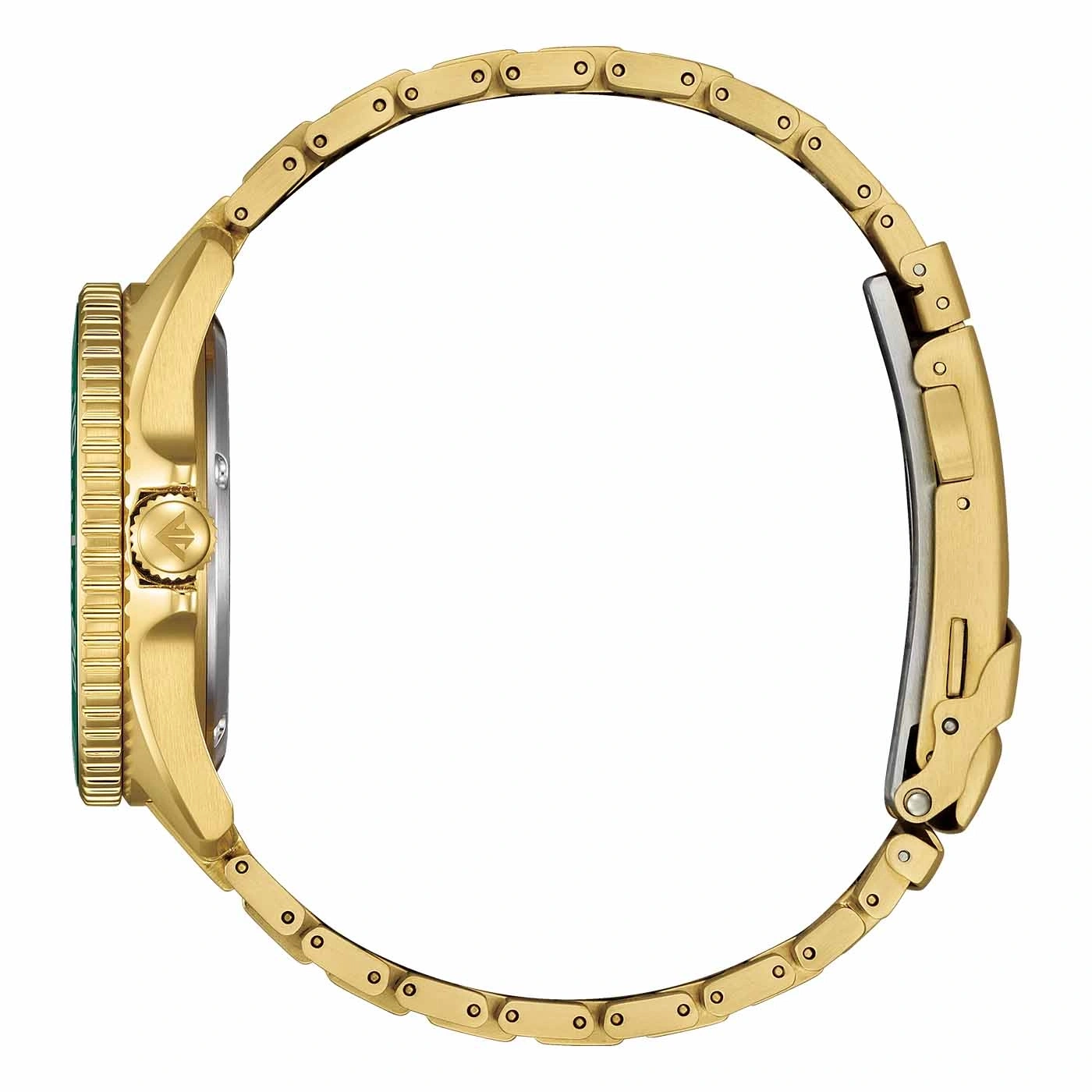 Zijaanzicht van een gouden horloge, met de band en wijzerplaatdetails.