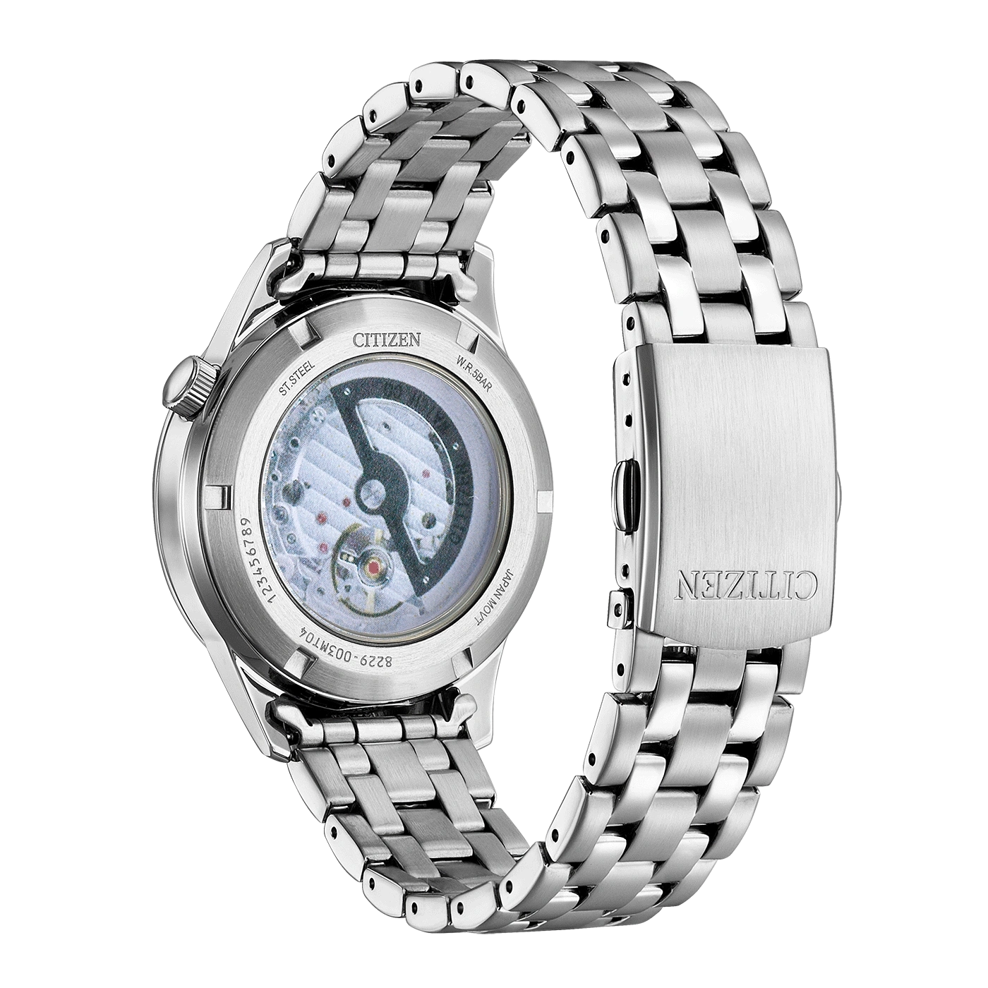 Citizen horloge, roestvrij staal, achteraanzicht, mechanisch uurwerk, armband