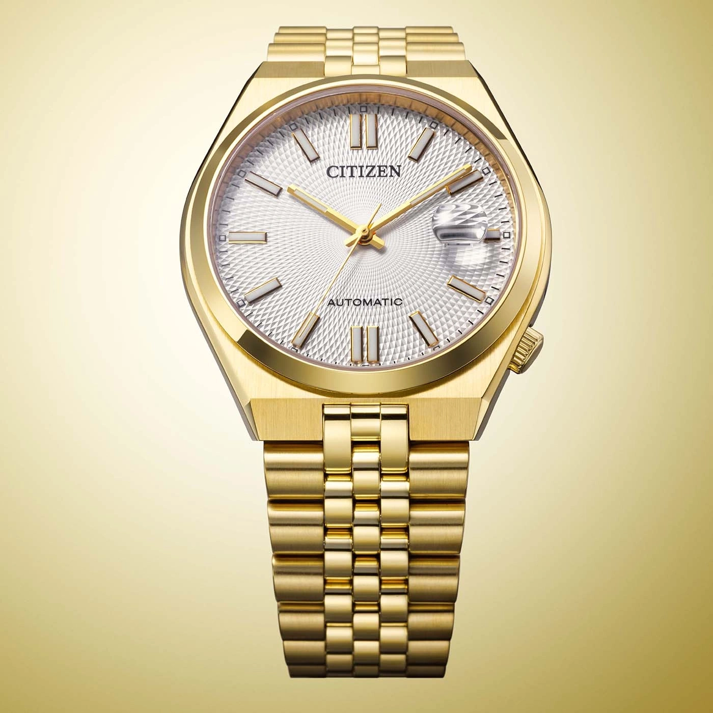 Gouden Citizen automatische horloge met wit gestructureerd wijzerplaat.