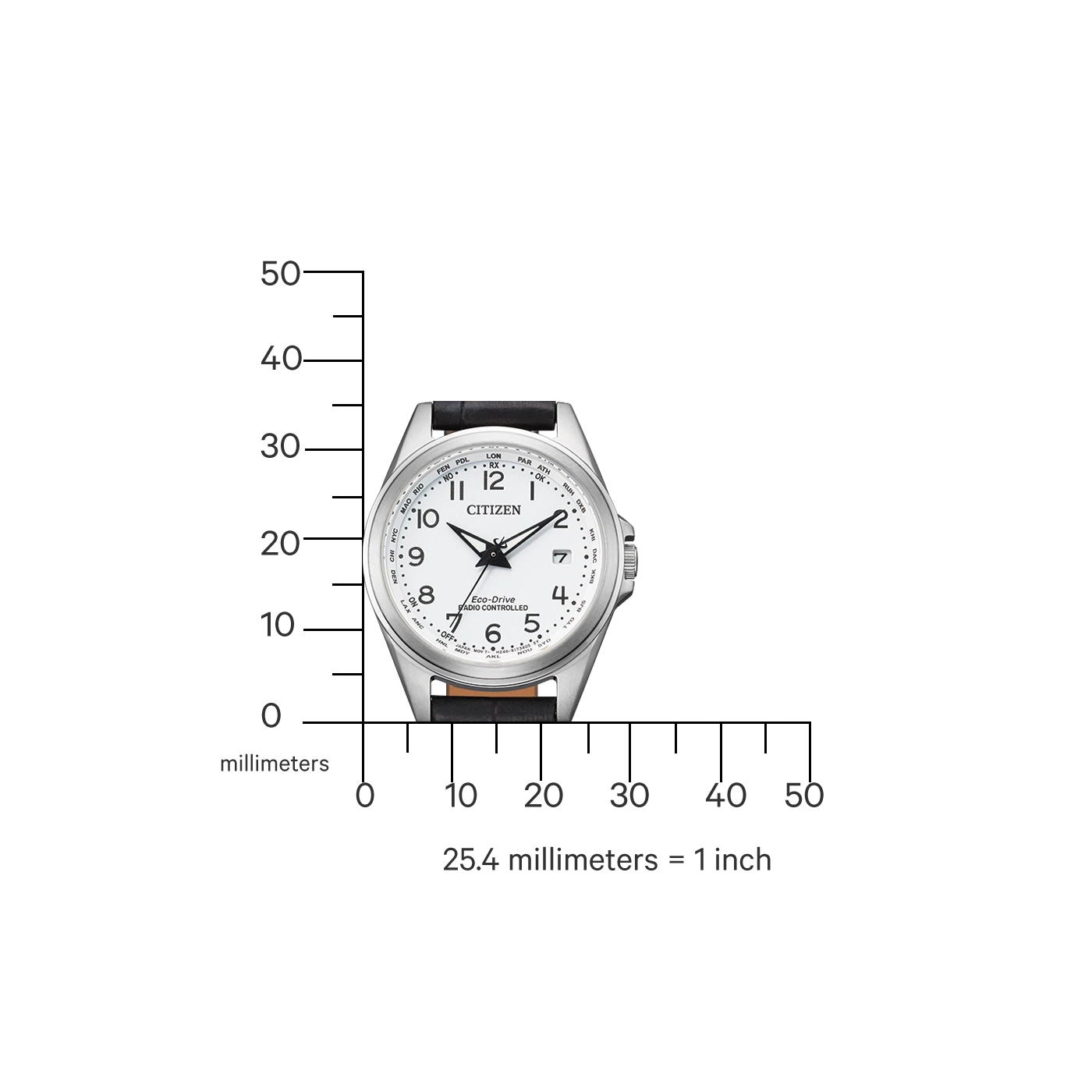 Citizen horloge met witte wijzerplaat, zwarte leren band en tijdmarkeringen.
