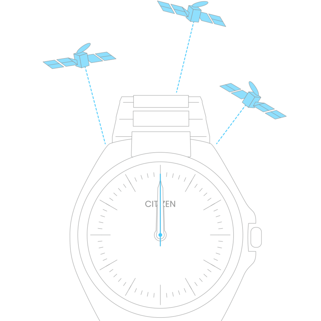 Citizen horloge met satellieten, tijdsynchronisatie, zwarte achtergrond, illustratie