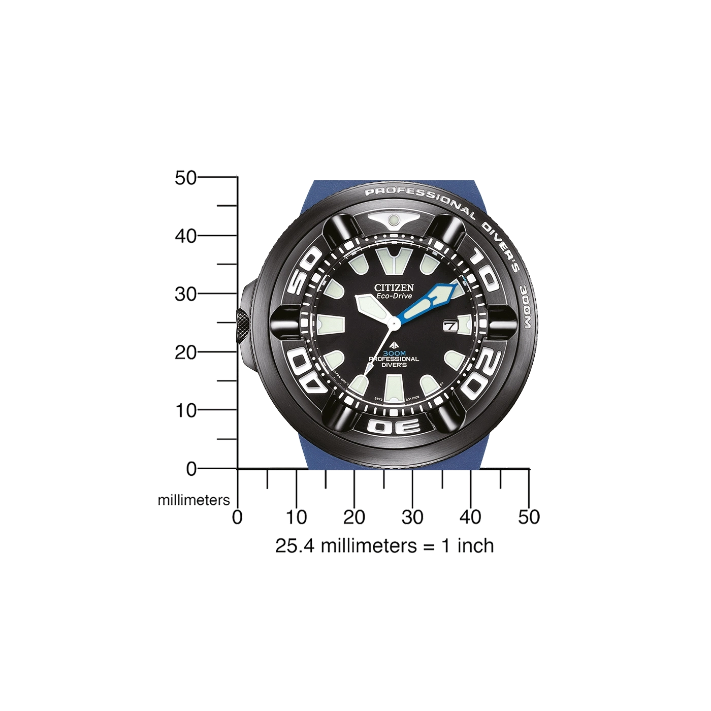 Citizen horloge met zwarte wijzerplaat, blauwe band en professionele duiker details.