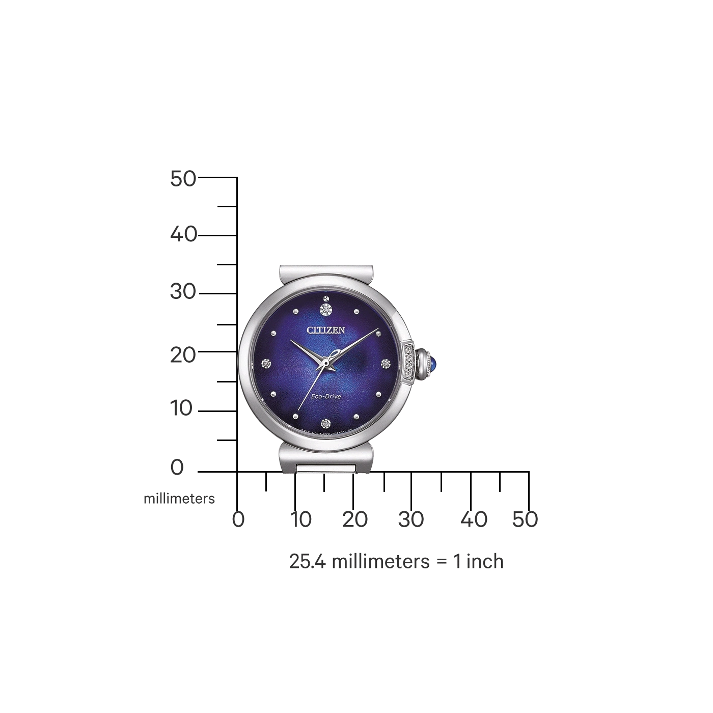 Citizen horloge met blauwe wijzerplaat, diamanten en Eco-Drive technologie, met een schaal in millimeters.