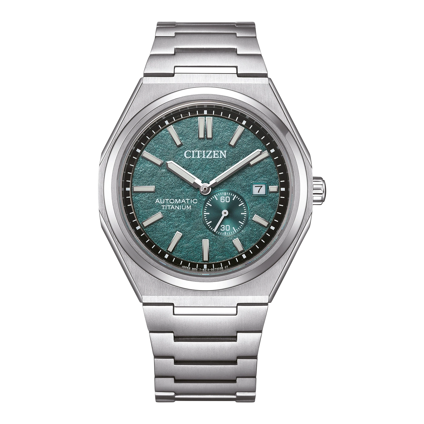 Citizen horloge met groene wijzerplaat, automatisch titanium en datumweergave.
