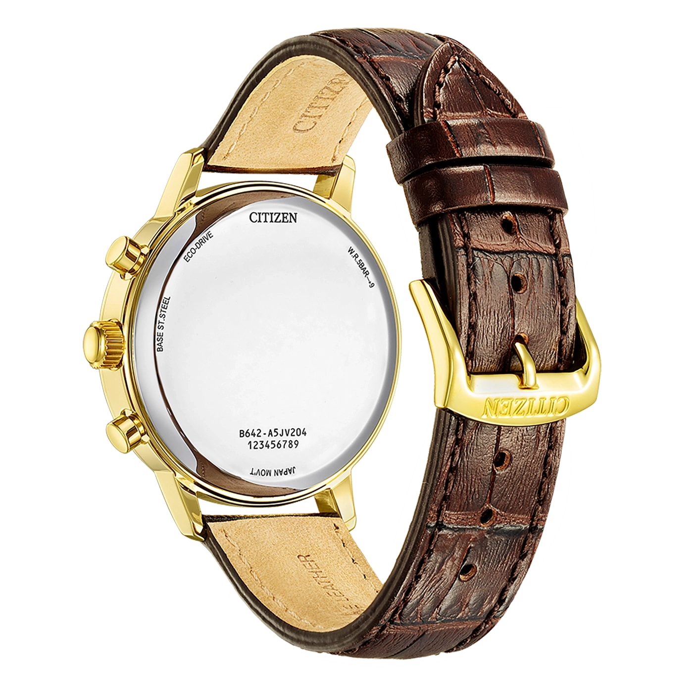 Citizen horloge, gouden kast, bruine leren band, achterkant details: Eco-Drive, Japan Movt, W.R.5BAR+9