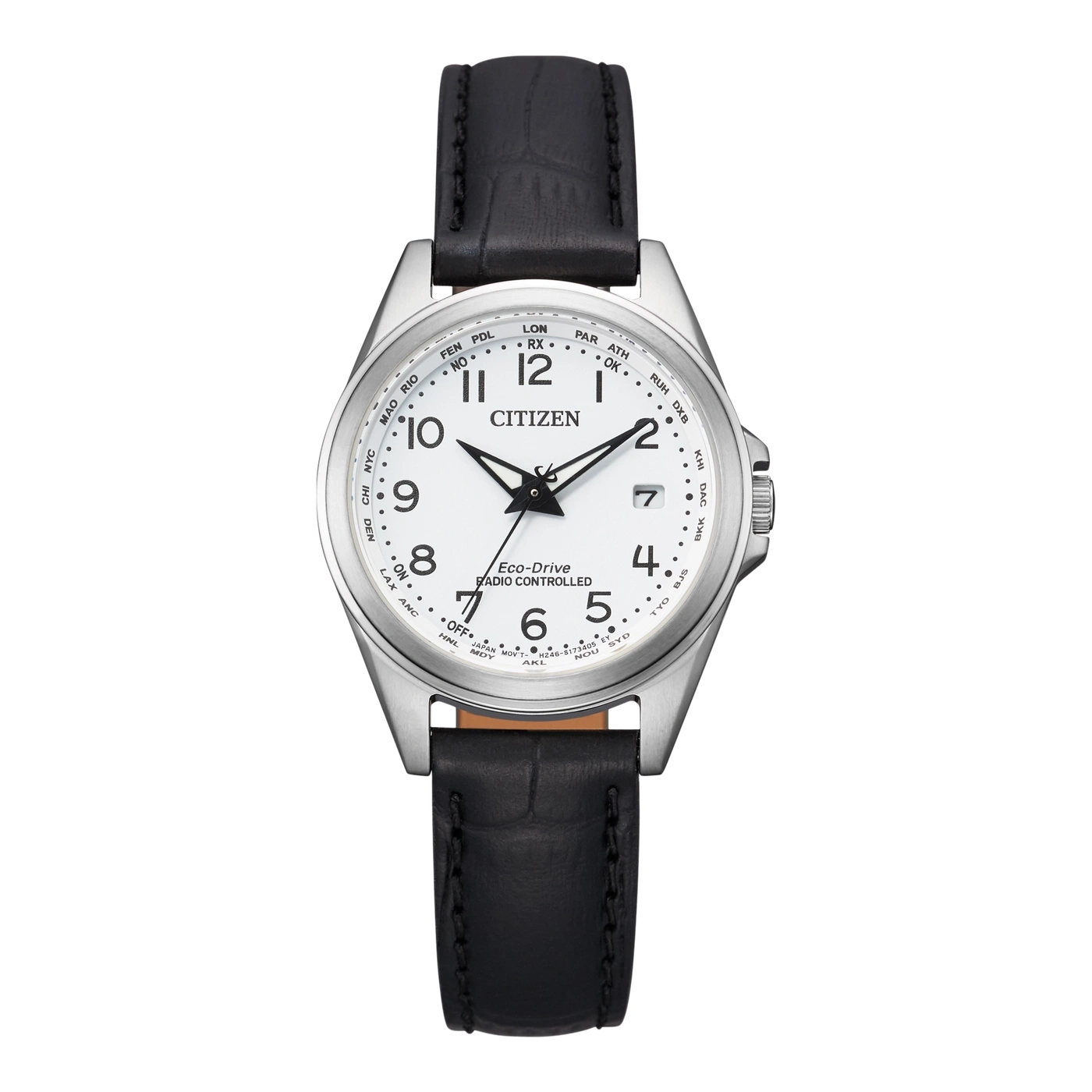 Citizen horloge met zwarte leren band, witte wijzerplaat en tijdzone-indicatoren.