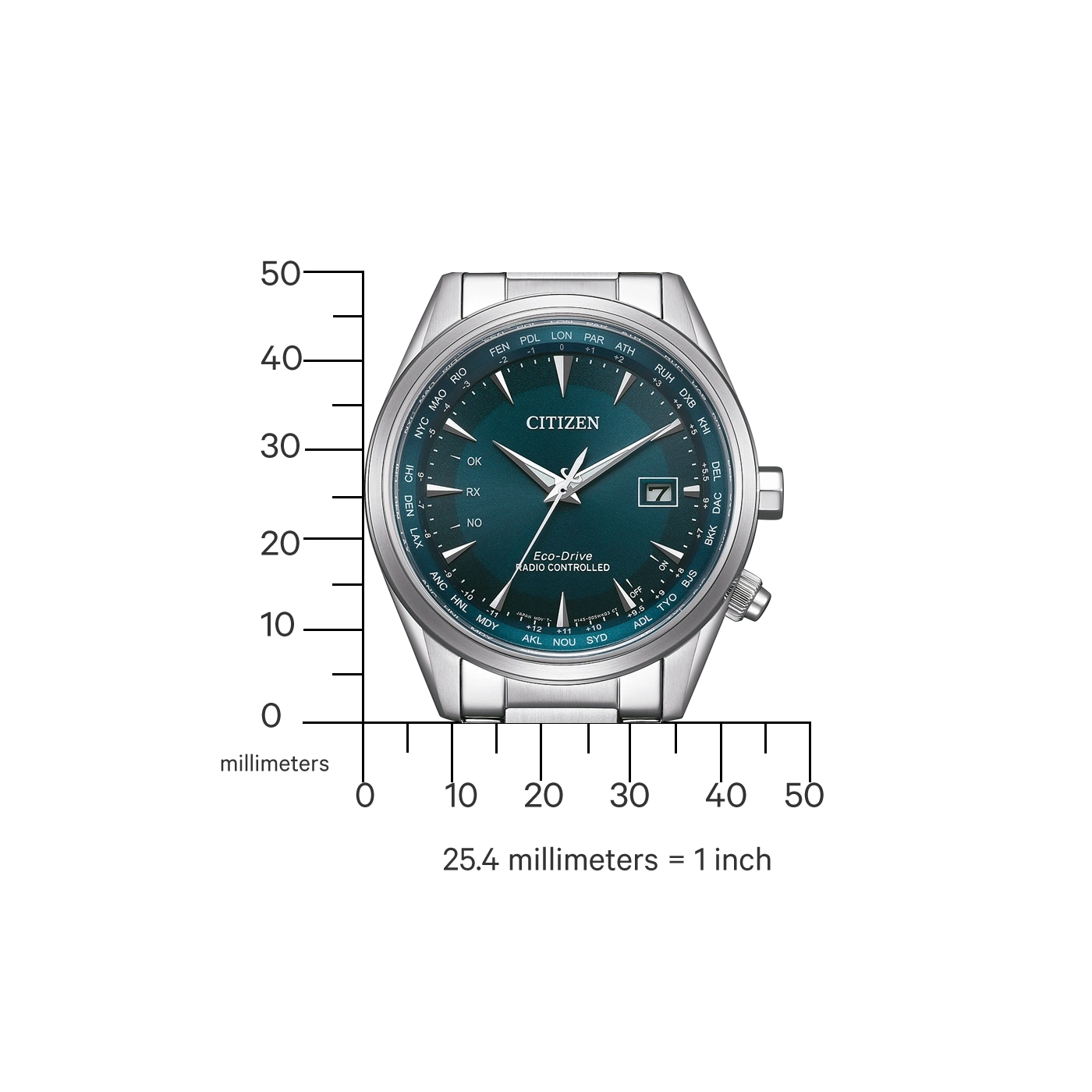 Citizen horloge met tijdzone-indicatoren en een donkergroene wijzerplaat.