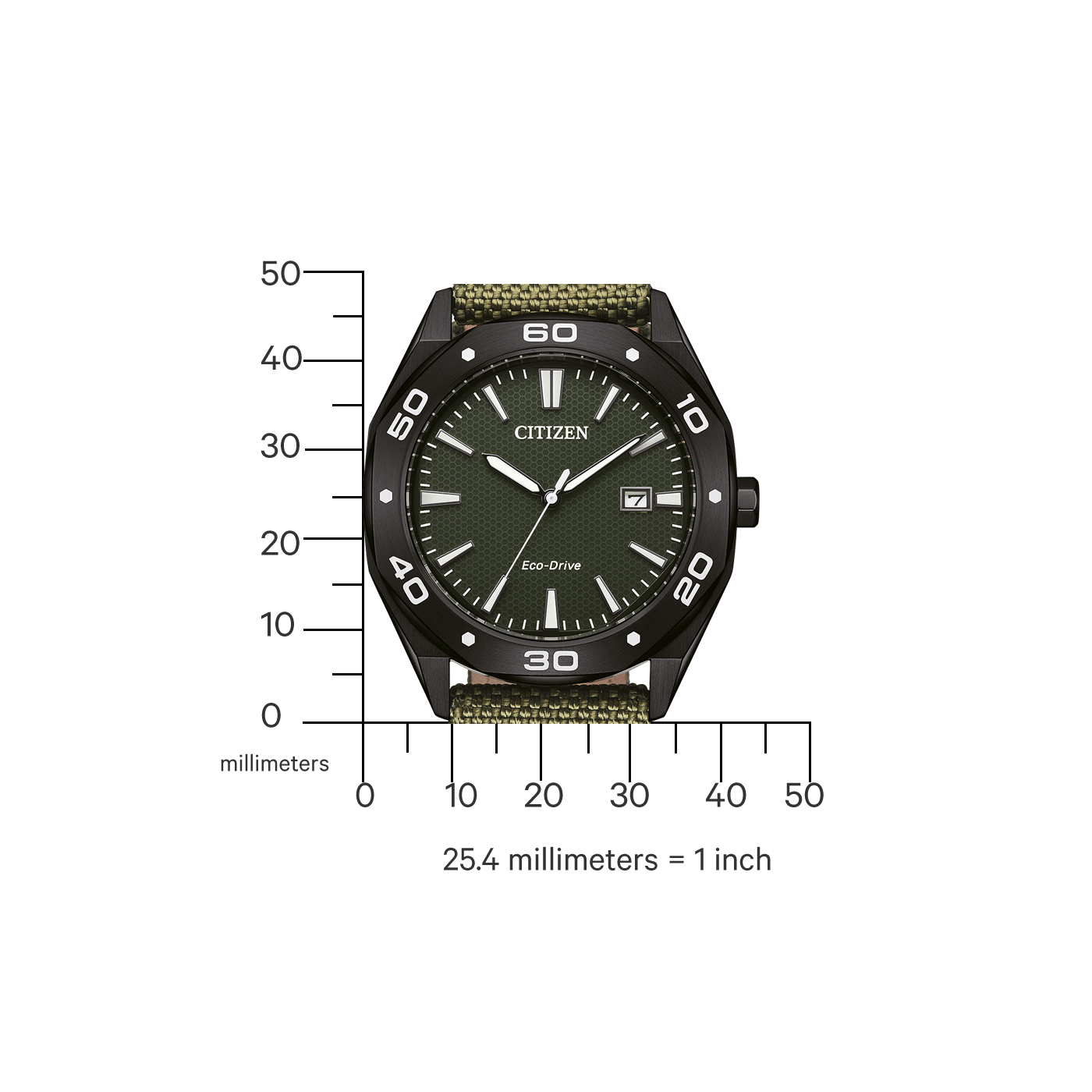Citizen horloge met zwarte kast, groene wijzerplaat en olijfgroene band. Eco-Drive technologie.