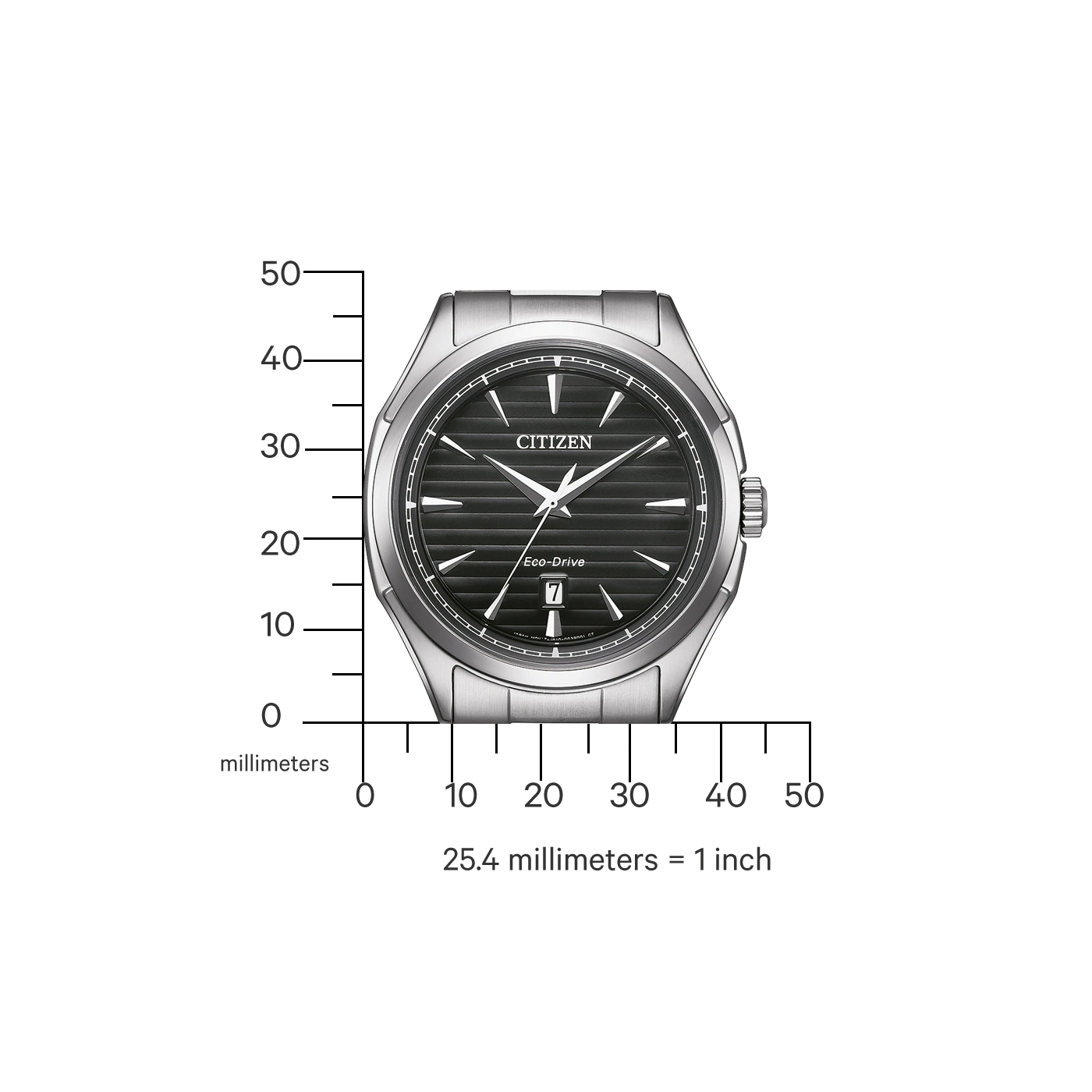 Citizen horloge met zwarte wijzerplaat, Eco-Drive en datumweergave. Zilveren band.