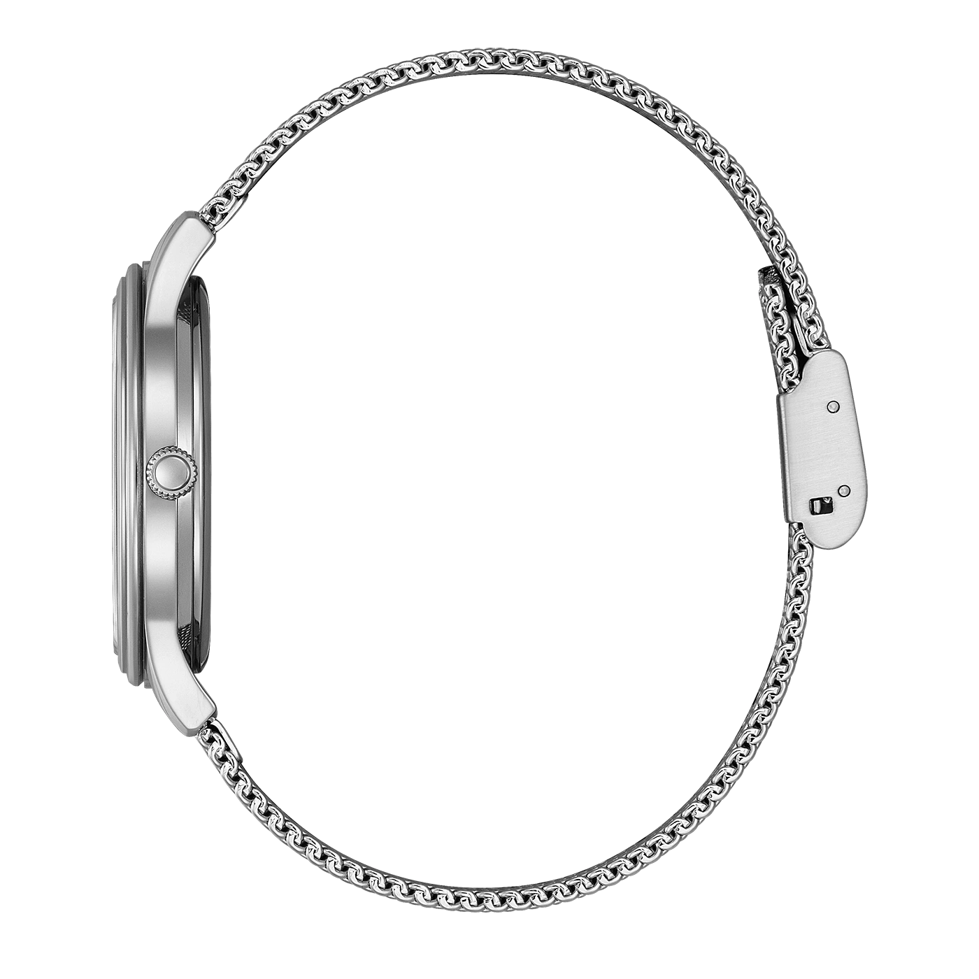Zijaanzicht van een zilveren horloge met mesh band.