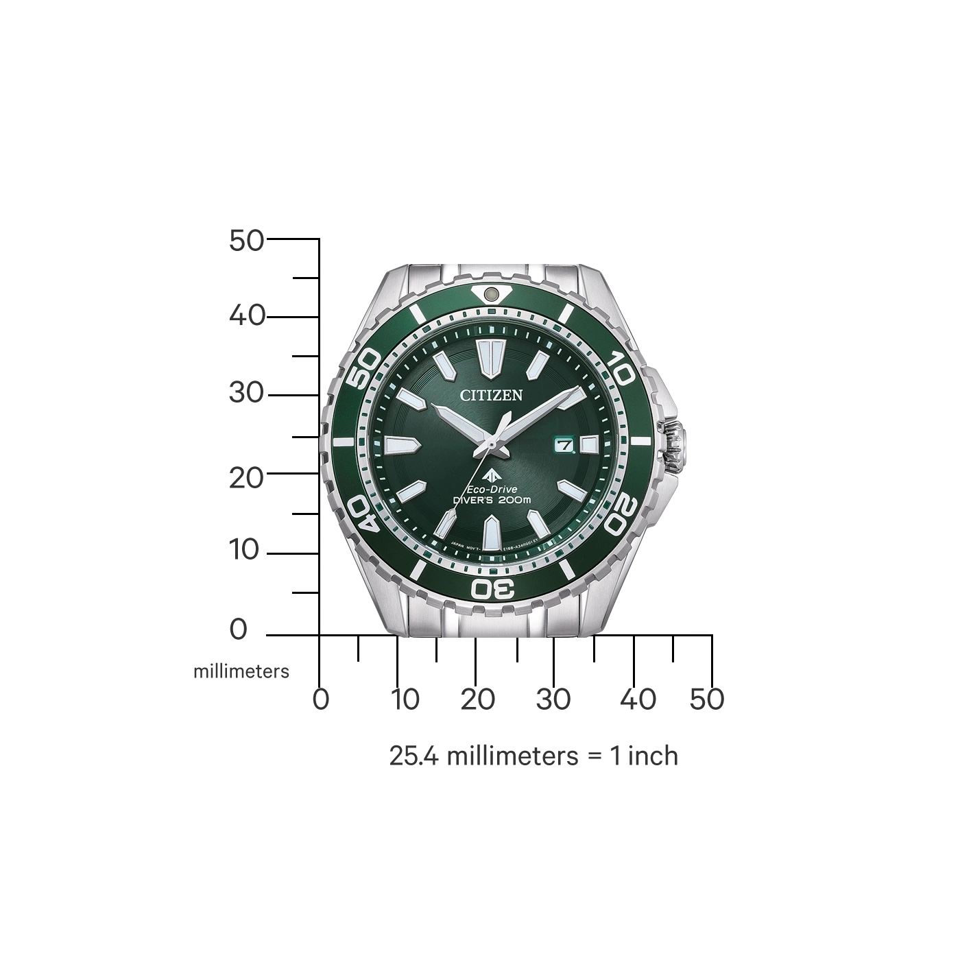 Citizen horloge met groene wijzerplaat en bezel, toont tijd en datum.
