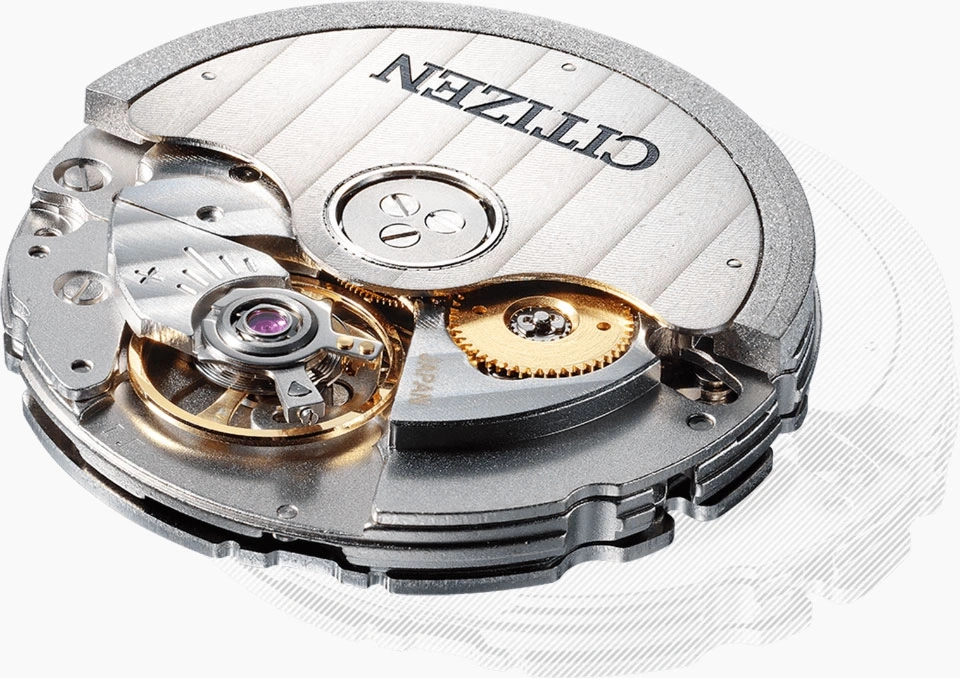 Close-up van een Citizen horlogemechanisme met ingewikkelde tandwielen en details.