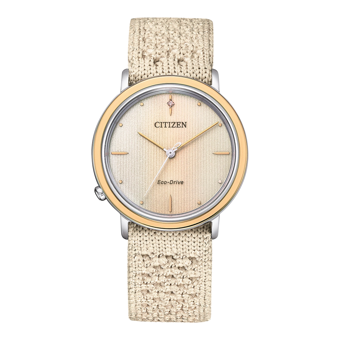 Citizen horloge met beige gebreide band en goudkleurige bezel, Eco-Drive technologie.