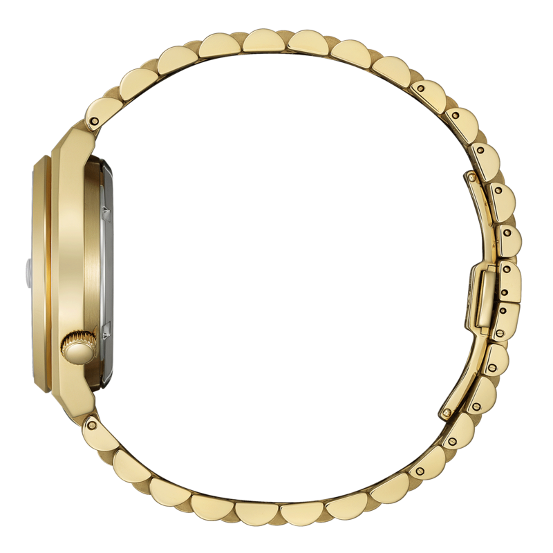 Gouden horloge zijaanzicht, elegant ontwerp, cirkelvormige armband, luxe accessoire, tijdmeetapparaat.