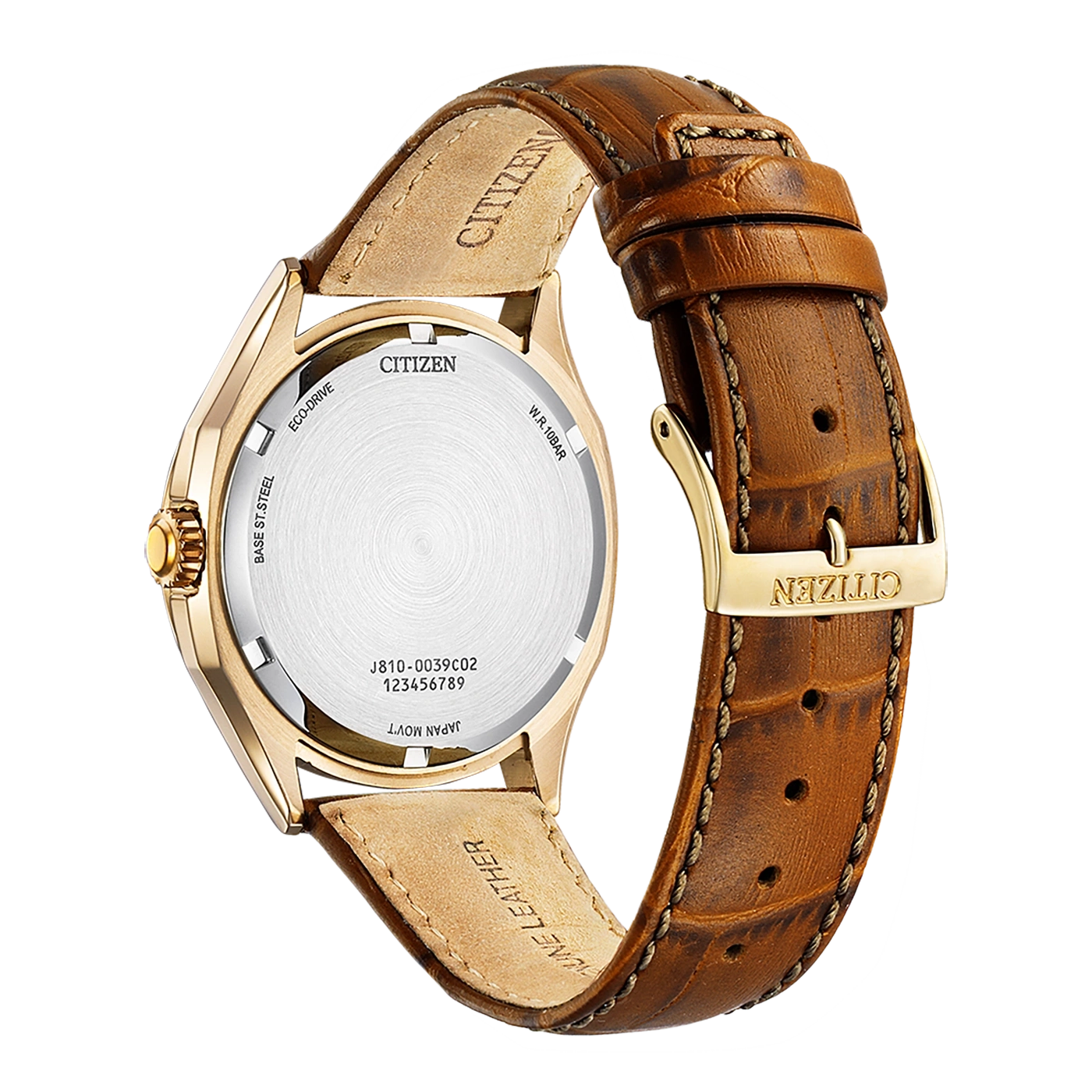 Citizen horloge met leren band, gouden kast en Eco-Drive technologie.
