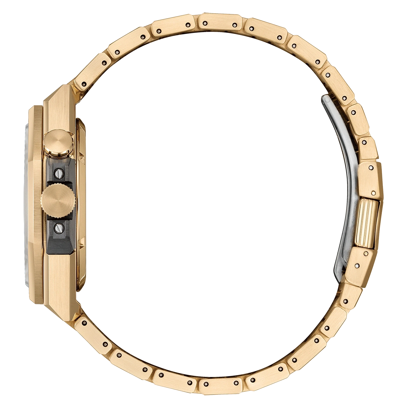 Zijaanzicht van een gouden horloge, met de band en de details van de wijzerplaat.