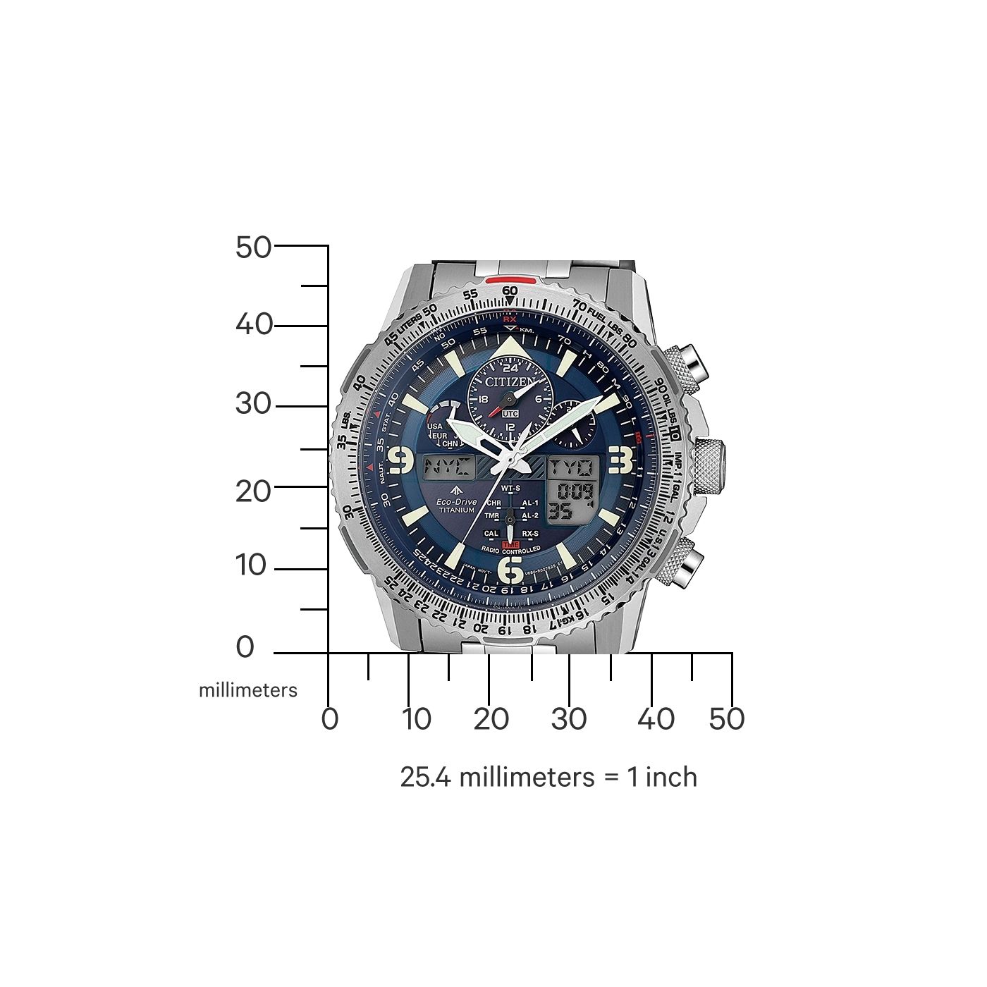 Citizen horloge met meerdere wijzerplaten en digitale display, tijd en hoogte metend.