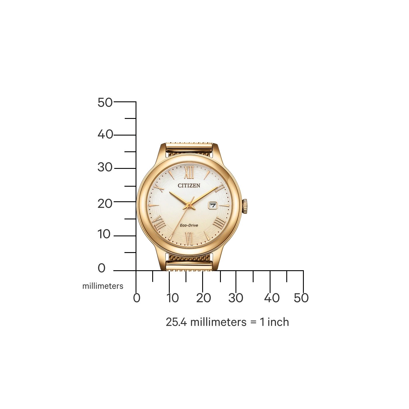 Gouden Citizen horloge met Romeinse cijfers, datumweergave en Eco-Drive technologie.