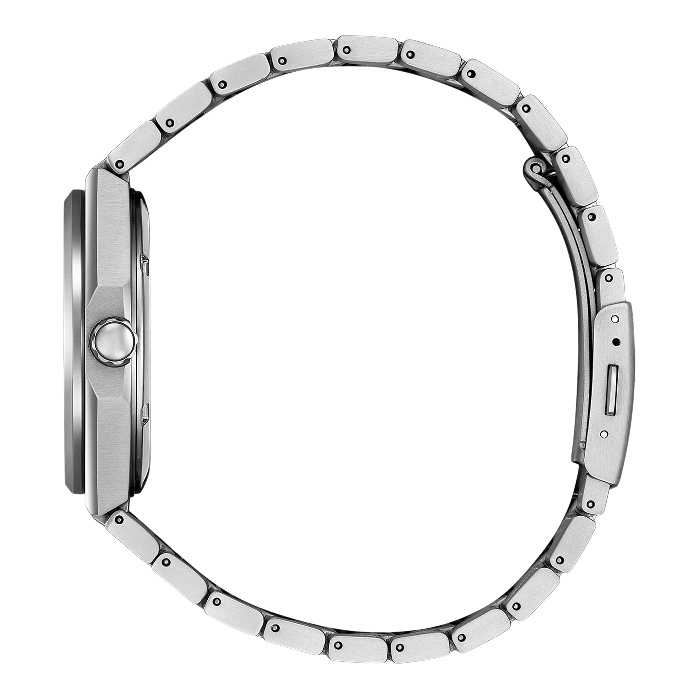 Zijaanzicht van een zilveren horloge met metalen band op een zwart-witte achtergrond.