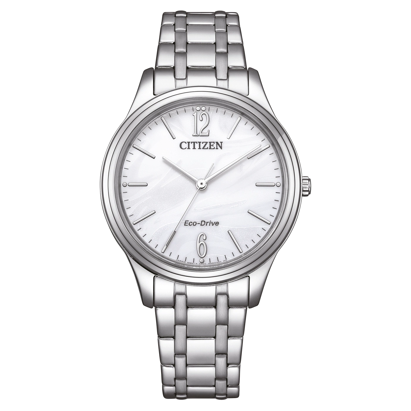 Citizen horloge met witte wijzerplaat en zilveren band, Eco-Drive technologie.