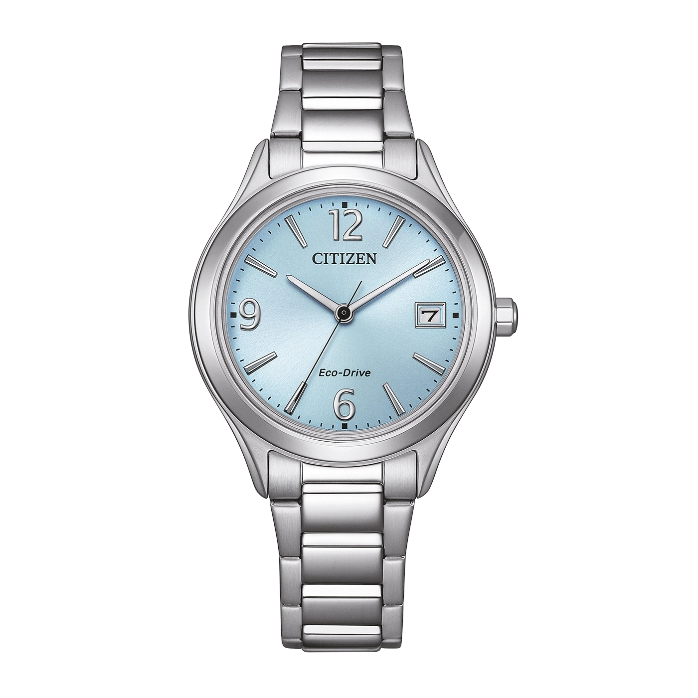 Een zilveren Citizen Eco-Drive horloge met een lichtblauwe wijzerplaat.