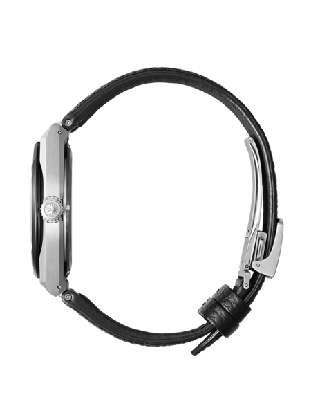 Zijaanzicht van een zilveren horloge met een zwarte leren band.