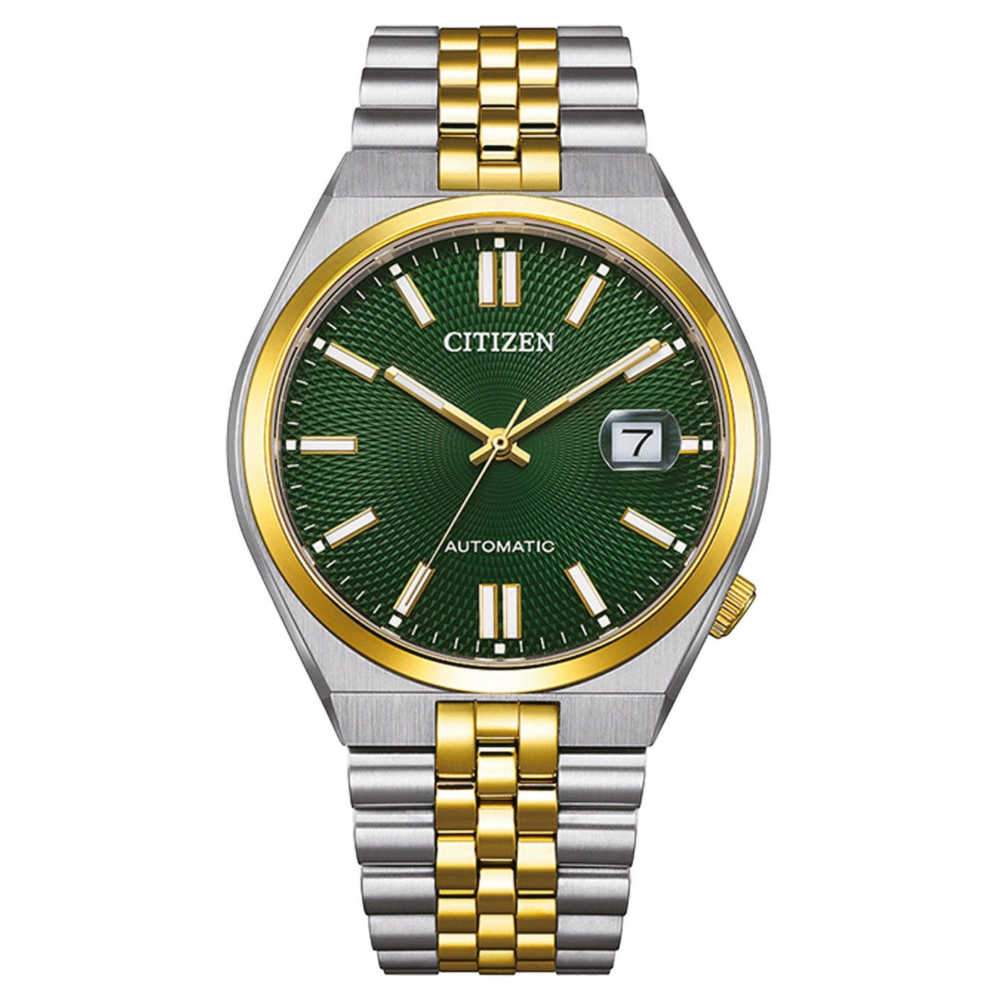 Citizen horloge met groene wijzerplaat, gouden en zilveren armband, automatisch uurwerk