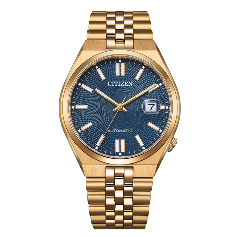 Gouden Citizen horloge met blauwe wijzerplaat en datumweergave, automatisch uurwerk.