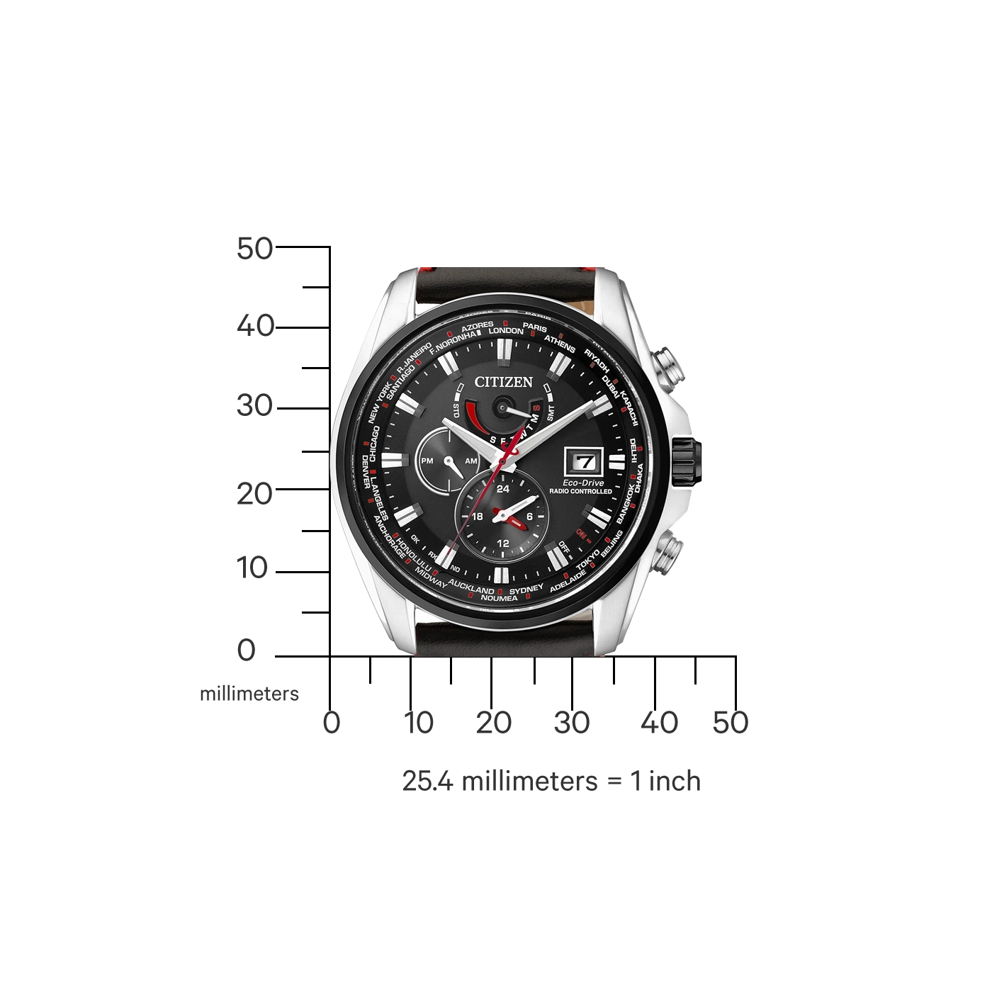 Citizen horloge met wereldtijdfunctie, zwarte wijzerplaat en zilveren kast.