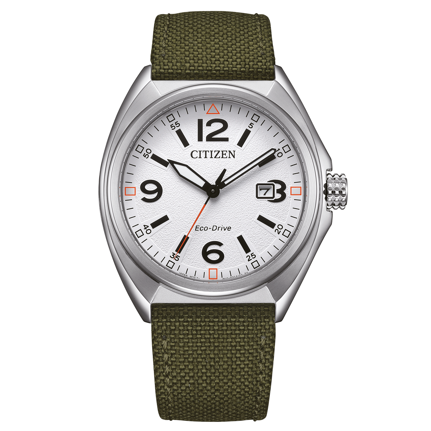 Citizen horloge met witte wijzerplaat, zwarte cijfers en groene band.