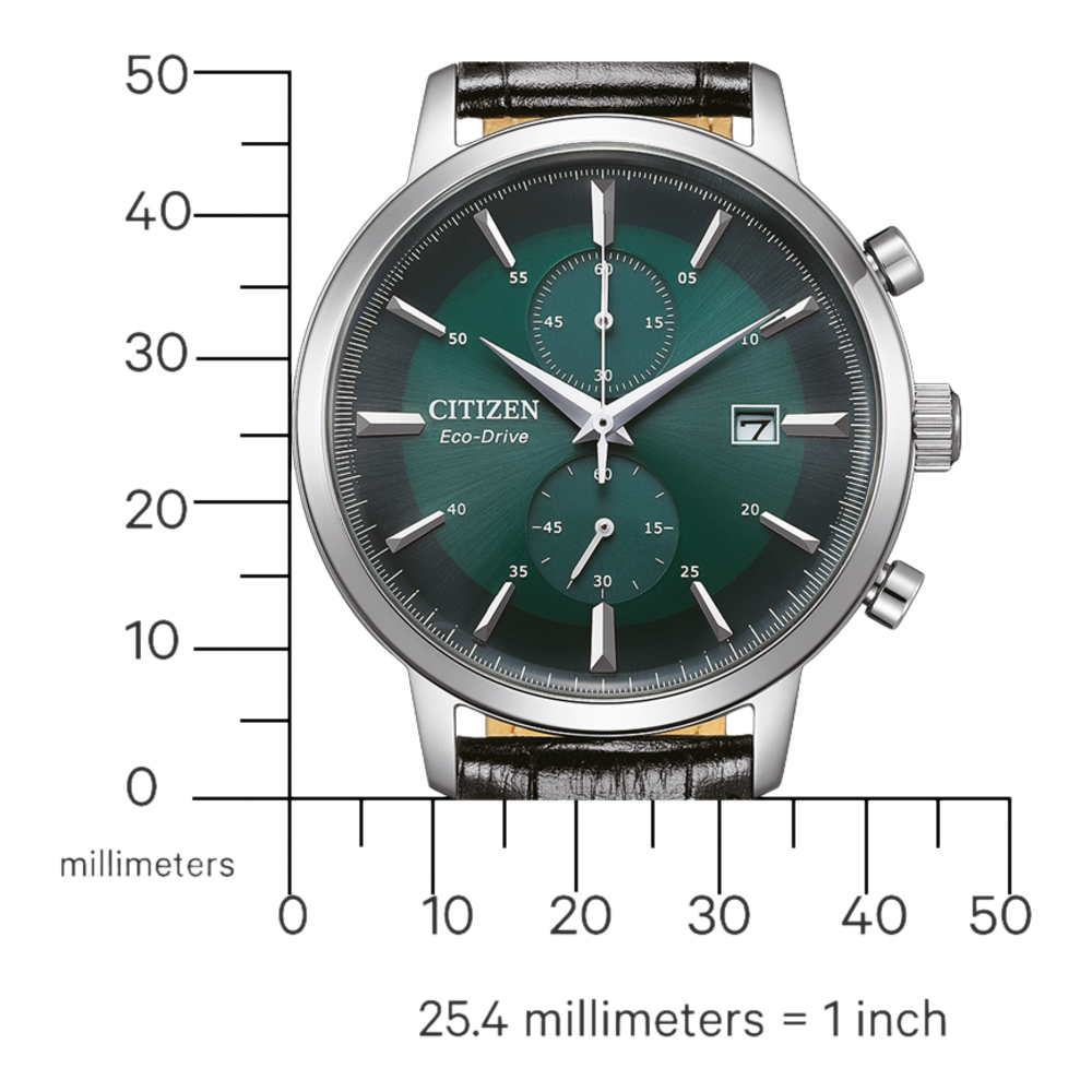Citizen Eco-Drive horloge met groene wijzerplaat en zwarte leren band, zilveren kast.