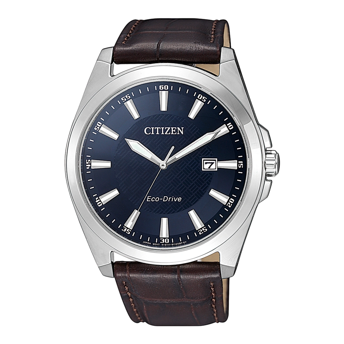Citizen horloge met blauwe wijzerplaat en bruine leren band, Eco-Drive.