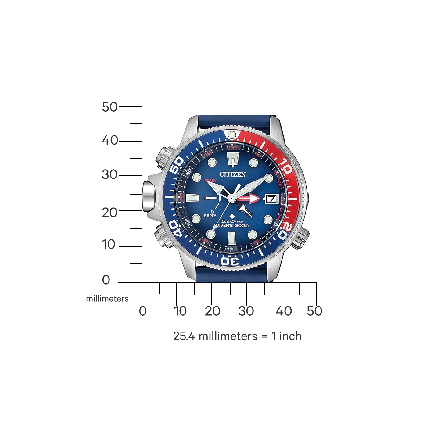 Citizen horloge met blauw en rode bezel, blauwe band en dieptemeter.