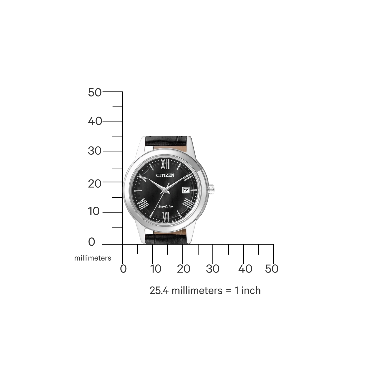 Citizen horloge met zwarte wijzerplaat en leren band, meetschaal in millimeters.
