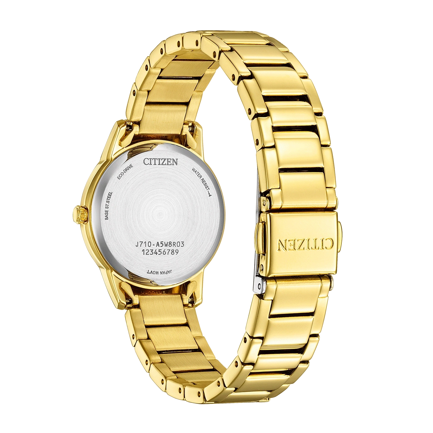 Citizen horloge, goud, achteraanzicht, Eco-Drive, waterbestendig, Japans uurwerk.