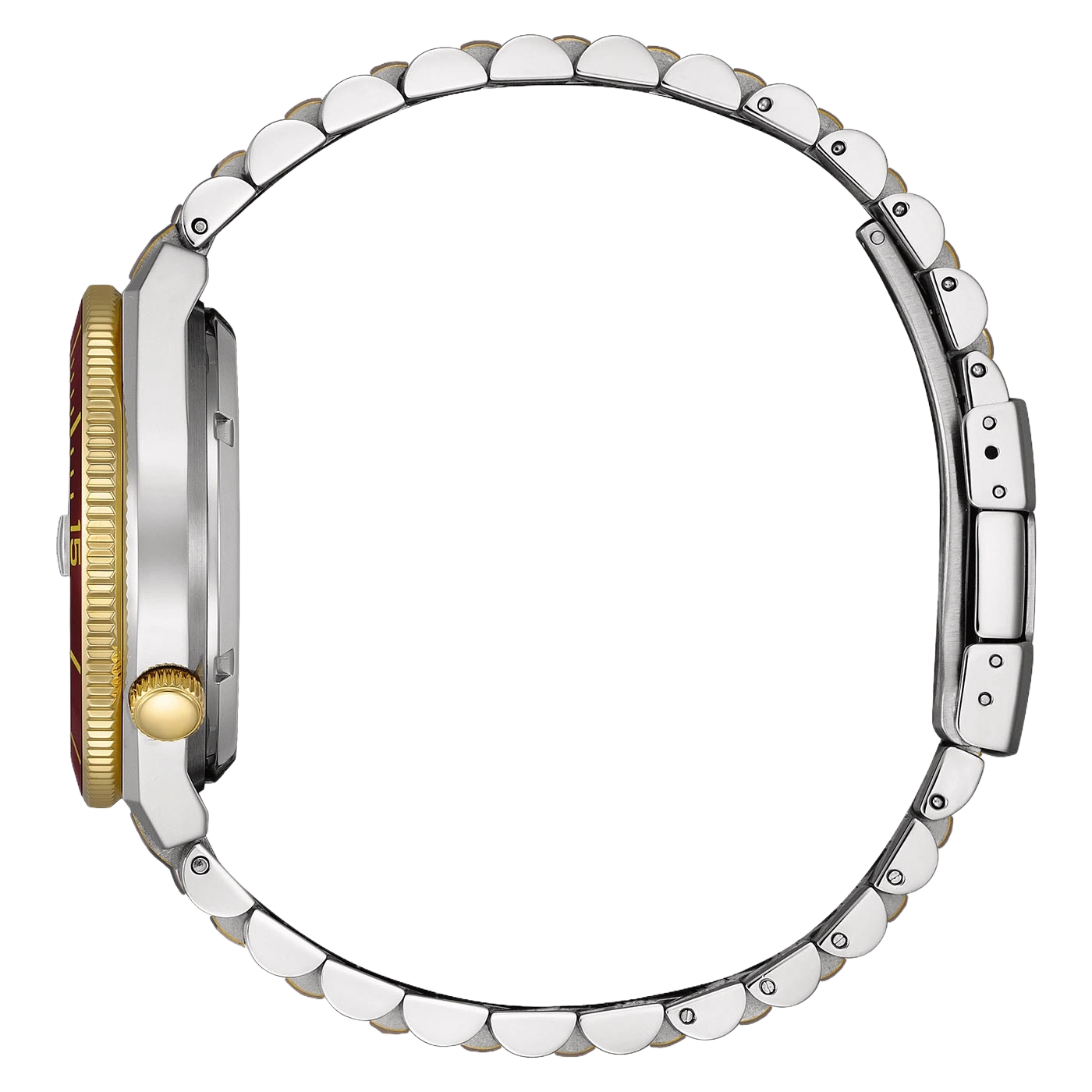 Zijaanzicht van een tweekleurig horloge met rode wijzerplaat en gouden lunette.