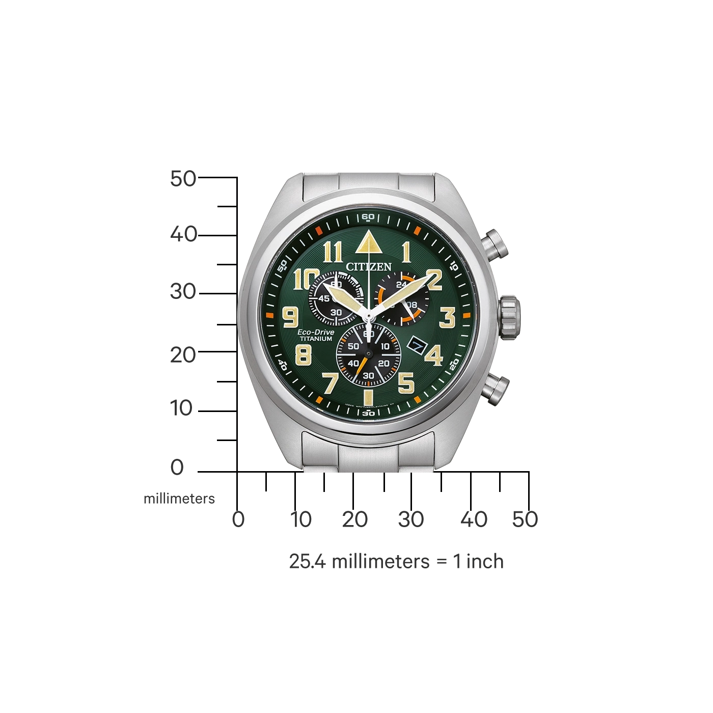 Citizen horloge met groene wijzerplaat en titanium band, toont tijd en metingen.