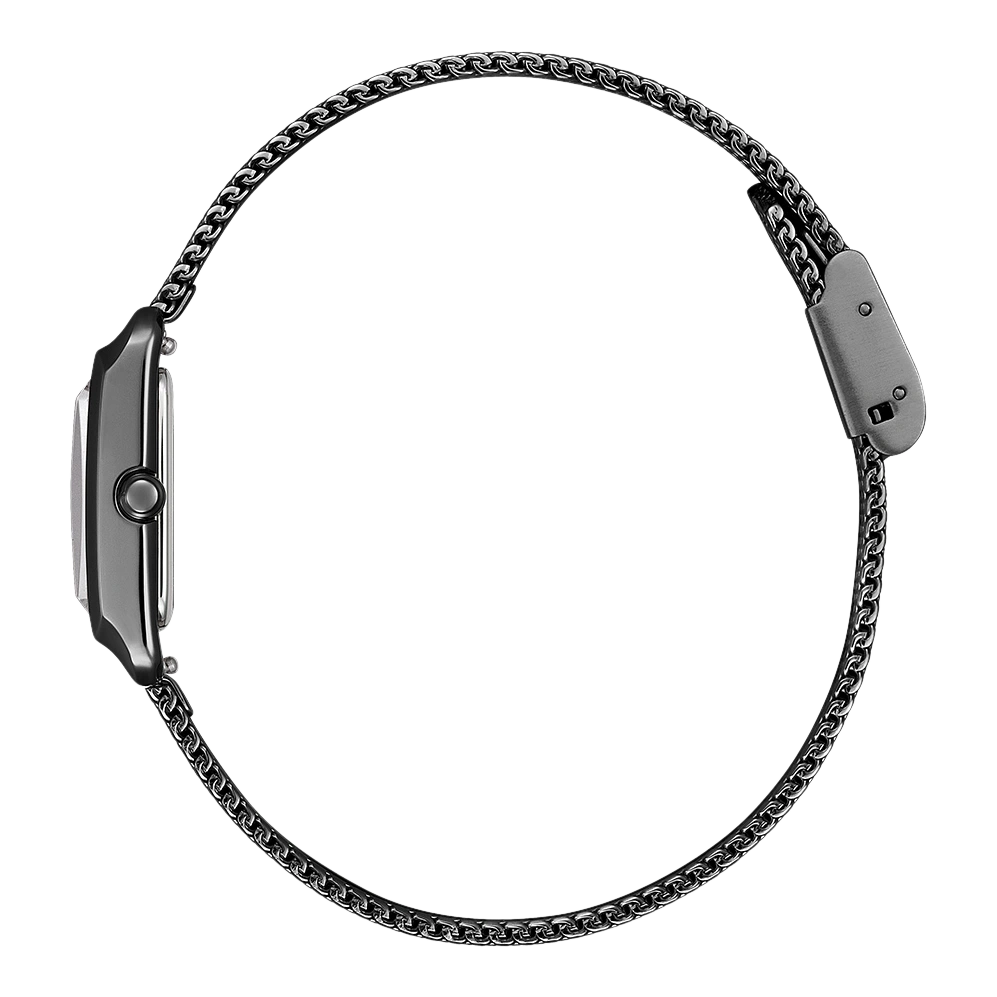 Zijaanzicht van een zwart horloge met kettingband, elegant en modern.
