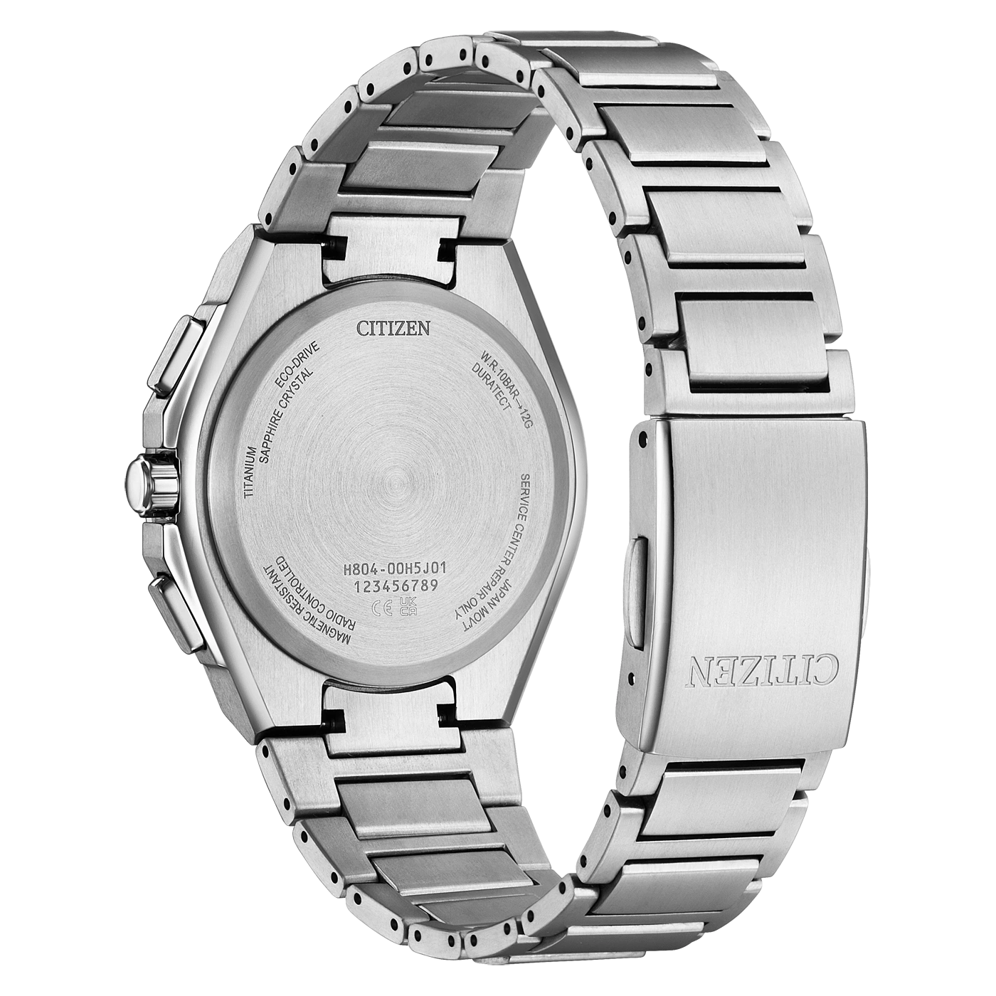 Achterkant van een geborsteld metalen Citizen horloge met modelnummer